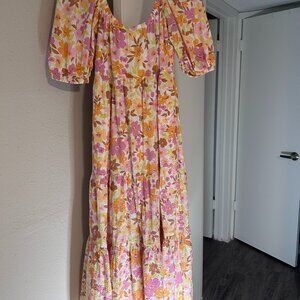 Pink/Orange Maxi Dress with Puff Sleeves